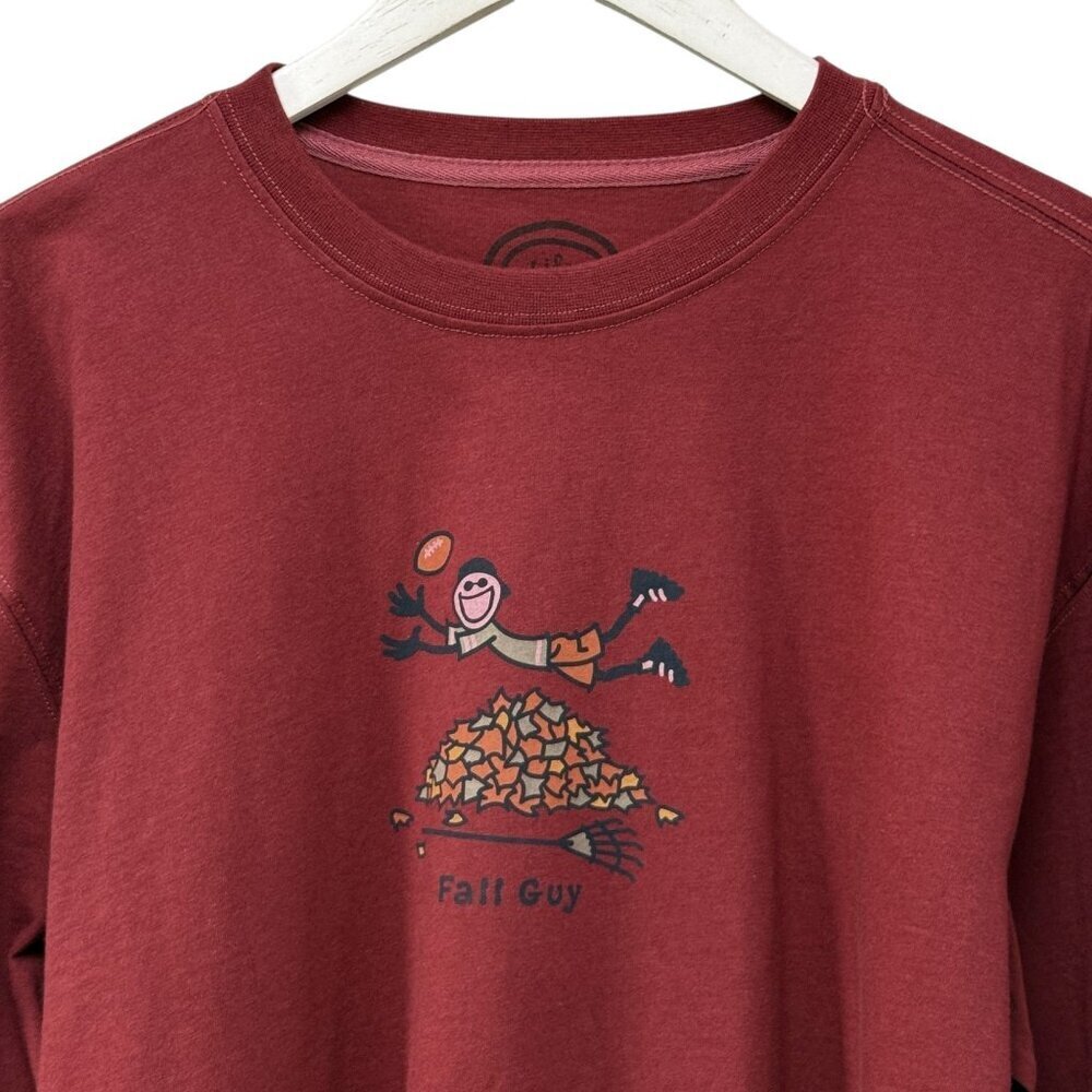 LIFE IS GOOD Shirt Medium Fall Guy Football Long Sleeve Tee Burgundy Red Cotton
